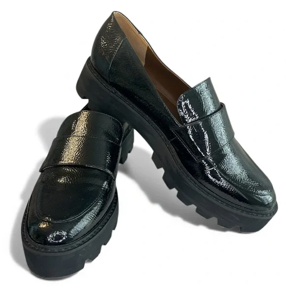 Franco Sarto Brindy Black Patent Pebbled Leather Chunky Platform Loafer Y2K Goth - Picture 2 of 11